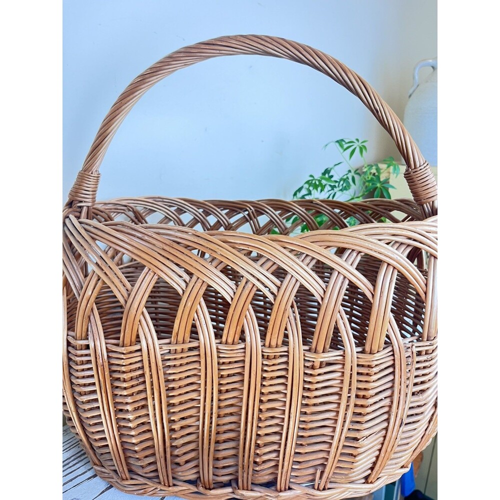 Vintage Polish Willow Wicker Woven High Arch Gathering Basket 20” x 16” Country